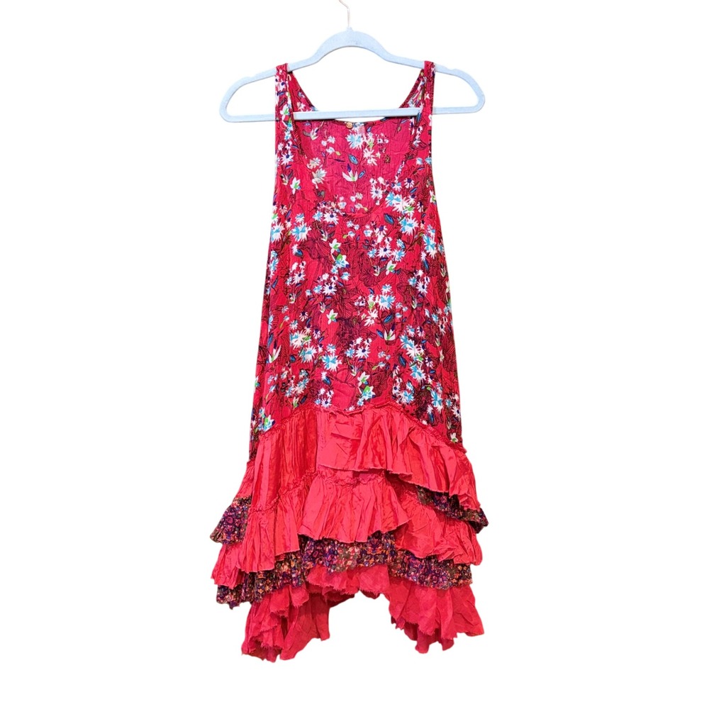 Free People FP One Pink‎ Floral Tiered Ruffle Mini Dress Boho Sleeveless Medium
